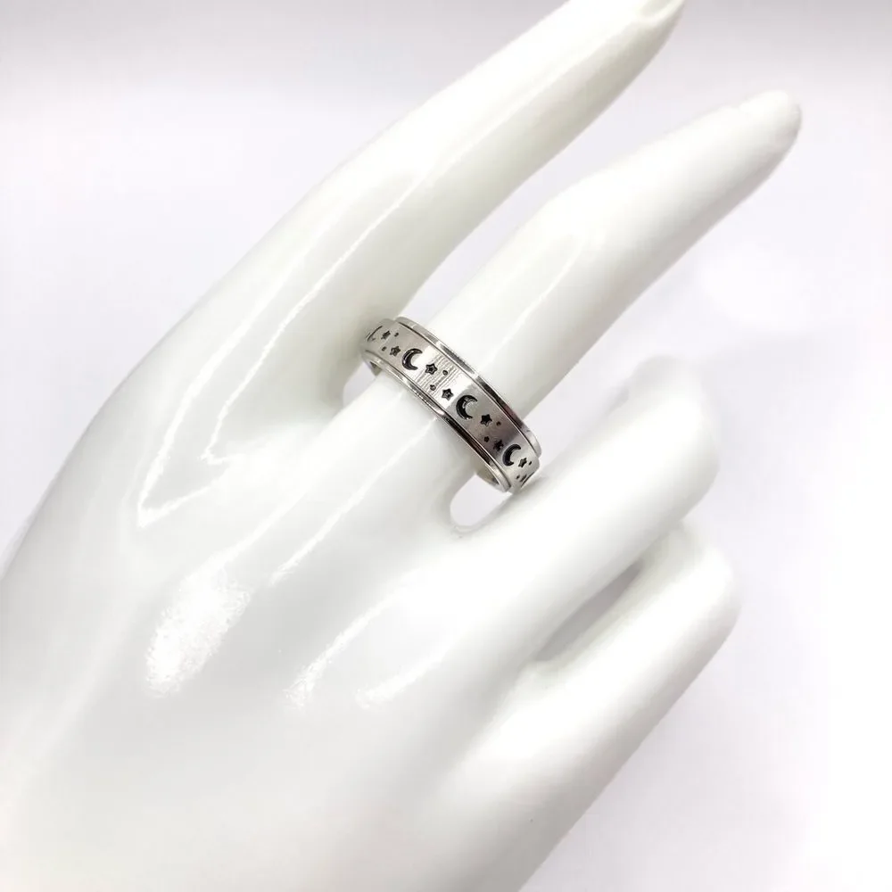 Anti Anxiety Stainless Steel Silver band Moon and Star Fidget Ring Size 9